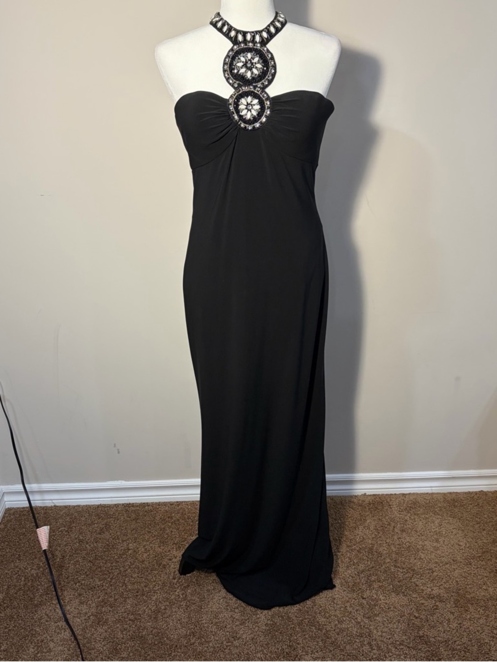 JS Boutique Strapless Black Gown with Embellished Halter Detail